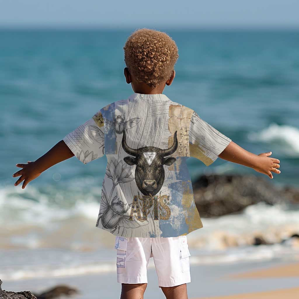 Apis Ancient Egyptian Kid Hawaiian Shirt with Beige-Gray Hieroglyphic, Ornate Bull Head, and Gold-Blue Typography - Wonder Print Shop