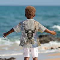 Apis Ancient Egyptian Kid Hawaiian Shirt with Beige-Gray Hieroglyphic, Ornate Bull Head, and Gold-Blue Typography - Wonder Print Shop