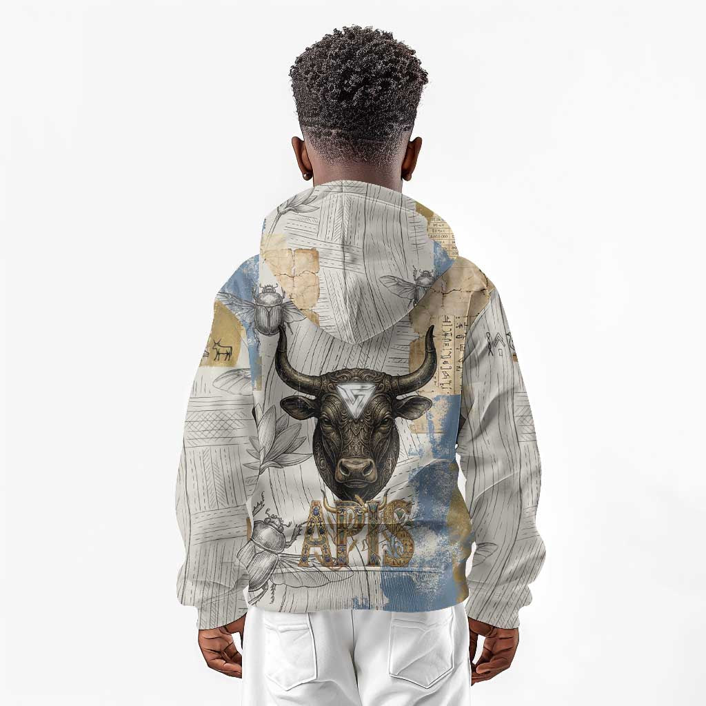 Apis Ancient Egyptian Kid Hoodie with Beige-Gray Hieroglyphic, Ornate Bull Head, and Gold-Blue Typography - Wonder Print Shop