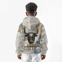 Apis Ancient Egyptian Kid Hoodie with Beige-Gray Hieroglyphic, Ornate Bull Head, and Gold-Blue Typography - Wonder Print Shop
