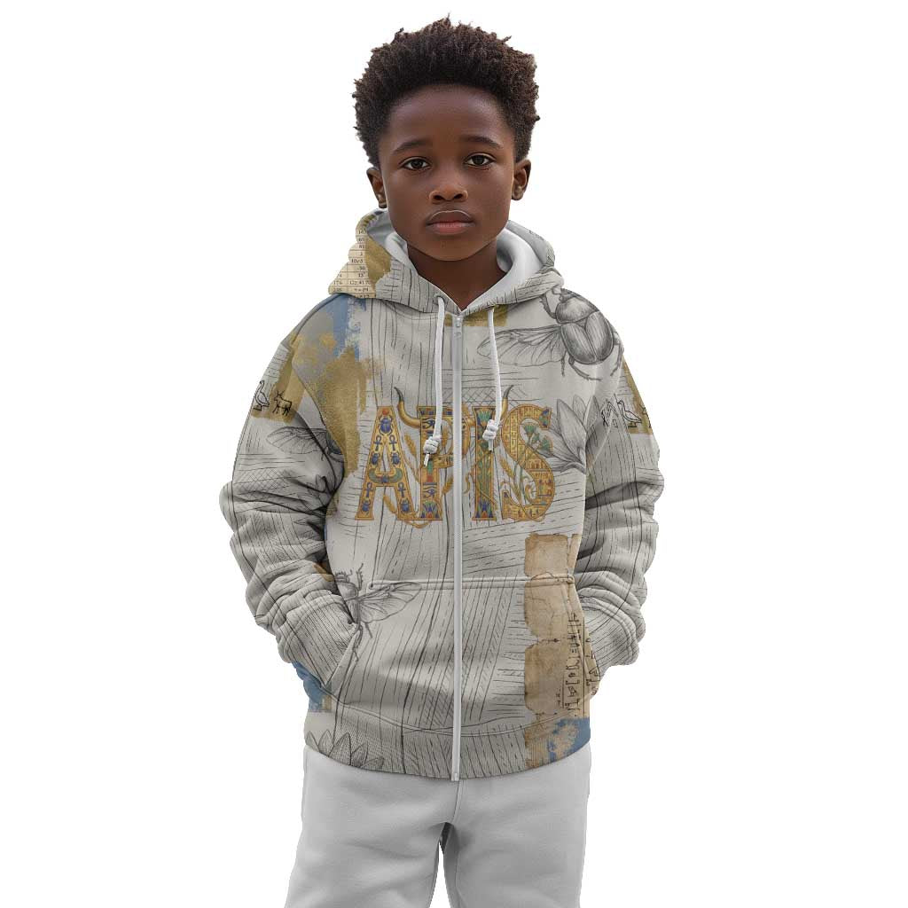 Apis Ancient Egyptian Kid Hoodie with Beige-Gray Hieroglyphic, Ornate Bull Head, and Gold-Blue Typography - Wonder Print Shop