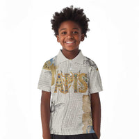 Apis Ancient Egyptian Kid Polo Shirt with Beige-Gray Hieroglyphic, Ornate Bull Head, and Gold-Blue Typography - Wonder Print Shop