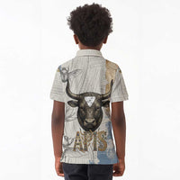 Apis Ancient Egyptian Kid Polo Shirt with Beige-Gray Hieroglyphic, Ornate Bull Head, and Gold-Blue Typography - Wonder Print Shop
