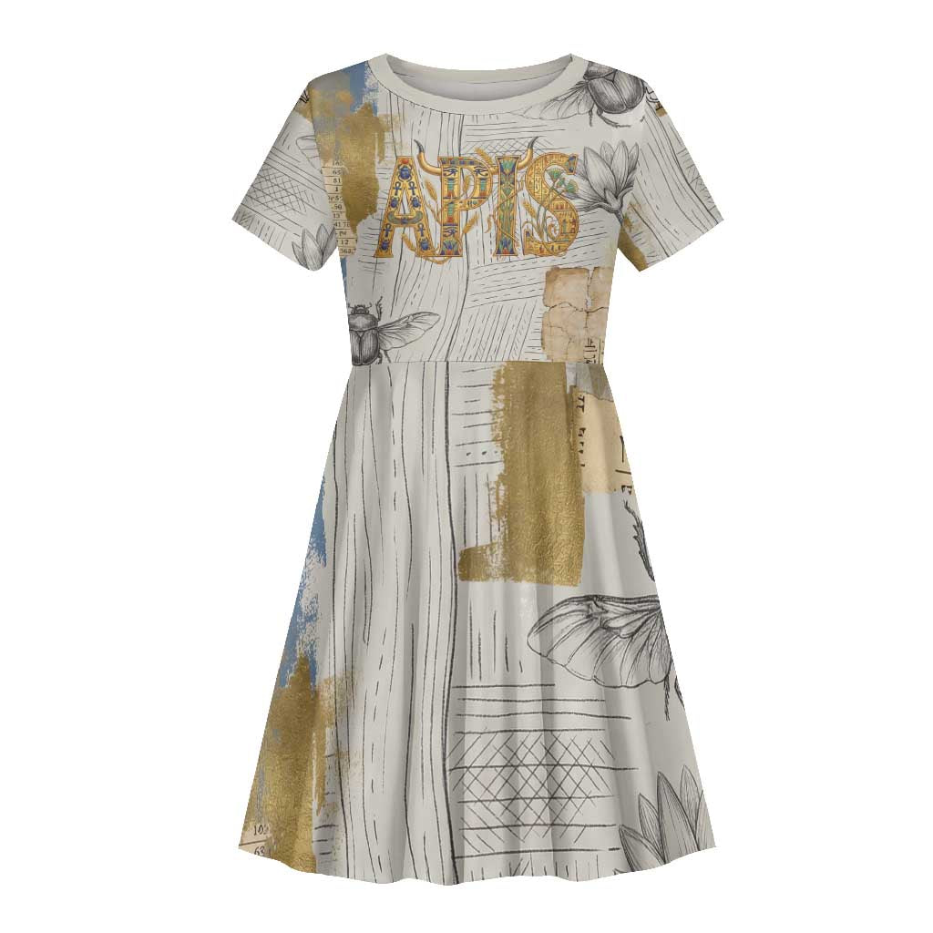 Apis Ancient Egyptian Kid Short Sleeve Dress with Beige-Gray Hieroglyphic, Ornate Bull Head, and Gold-Blue Typography - Wonder Print Shop