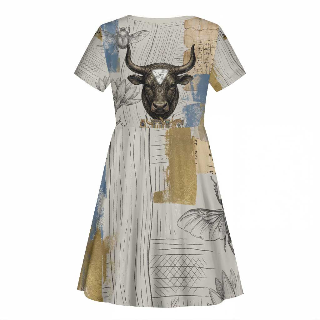 Apis Ancient Egyptian Kid Short Sleeve Dress with Beige-Gray Hieroglyphic, Ornate Bull Head, and Gold-Blue Typography - Wonder Print Shop