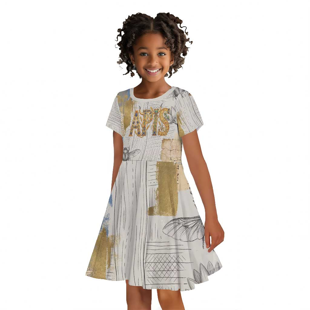 Apis Ancient Egyptian Kid Short Sleeve Dress with Beige-Gray Hieroglyphic, Ornate Bull Head, and Gold-Blue Typography - Wonder Print Shop