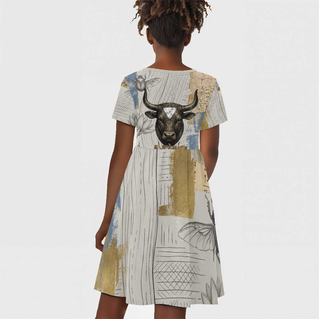 Apis Ancient Egyptian Kid Short Sleeve Dress with Beige-Gray Hieroglyphic, Ornate Bull Head, and Gold-Blue Typography - Wonder Print Shop