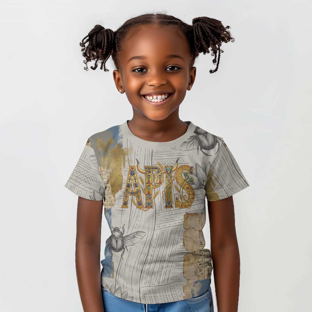 Apis Ancient Egyptian Kid T shirt with Beige-Gray Hieroglyphic, Ornate Bull Head, and Gold-Blue Typography - Wonder Print Shop