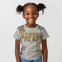 Apis Ancient Egyptian Kid T shirt with Beige-Gray Hieroglyphic, Ornate Bull Head, and Gold-Blue Typography - Wonder Print Shop