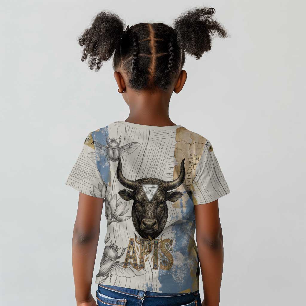 Apis Ancient Egyptian Kid T shirt with Beige-Gray Hieroglyphic, Ornate Bull Head, and Gold-Blue Typography - Wonder Print Shop