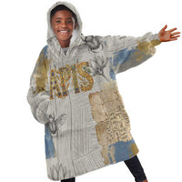 Apis Ancient Egyptian Kid Wearable Blanket Hoodie with Beige-Gray Hieroglyphic, Ornate Bull Head, and Gold-Blue Typography - Wonder Print Shop
