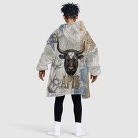 Apis Ancient Egyptian Kid Wearable Blanket Hoodie with Beige-Gray Hieroglyphic, Ornate Bull Head, and Gold-Blue Typography - Wonder Print Shop