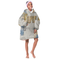Apis Ancient Egyptian Kid Wearable Blanket Hoodie with Beige-Gray Hieroglyphic, Ornate Bull Head, and Gold-Blue Typography - Wonder Print Shop