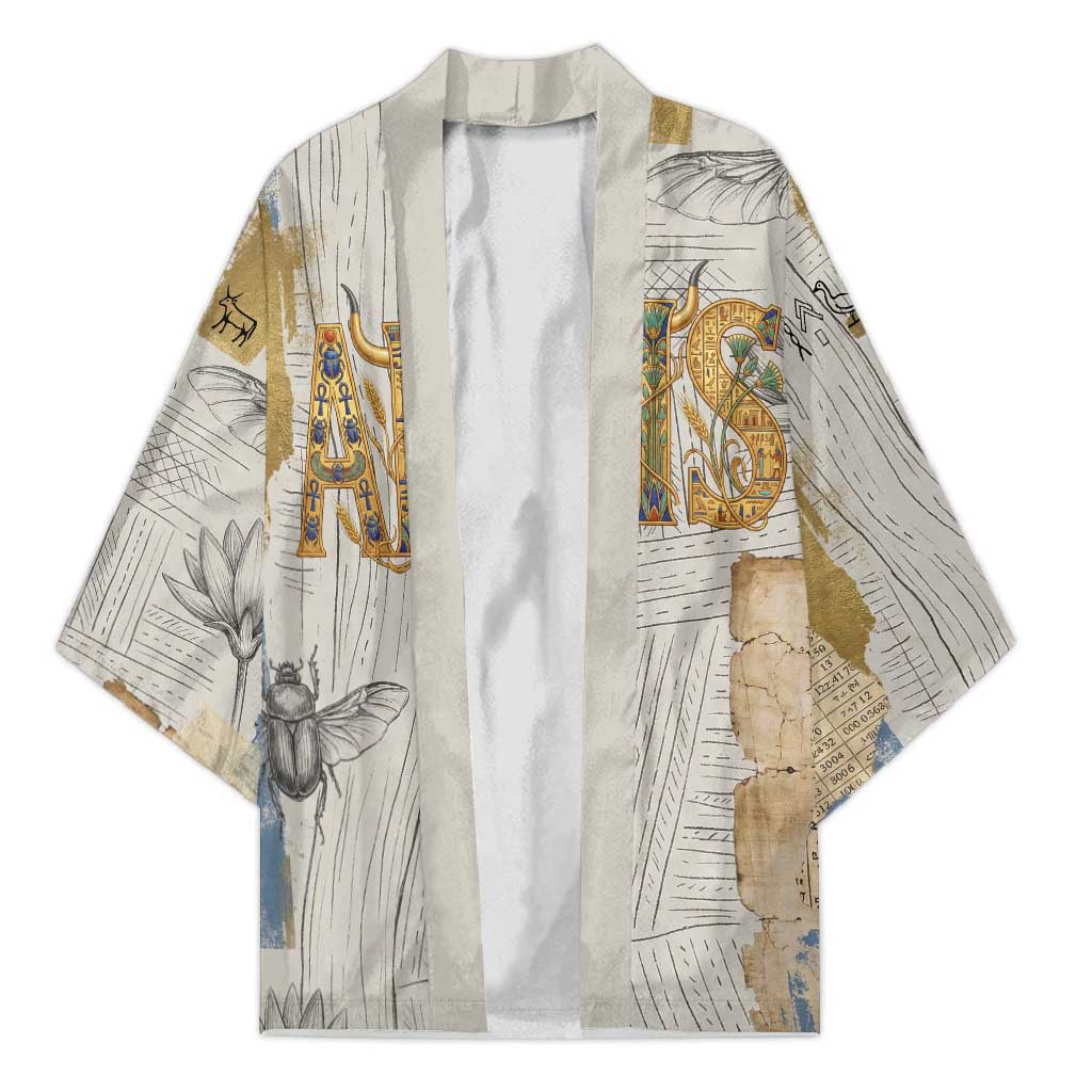 Apis Ancient Egyptian Kimono with Beige-Gray Hieroglyphic, Ornate Bull Head, and Gold-Blue Typography - Wonder Print Shop