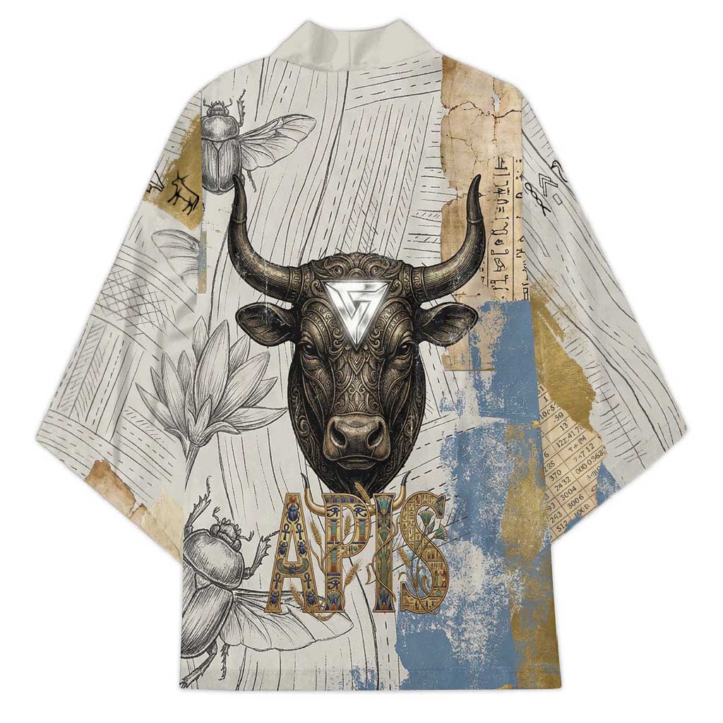 Apis Ancient Egyptian Kimono with Beige-Gray Hieroglyphic, Ornate Bull Head, and Gold-Blue Typography - Wonder Print Shop