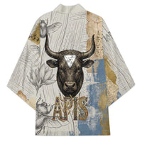 Apis Ancient Egyptian Kimono with Beige-Gray Hieroglyphic, Ornate Bull Head, and Gold-Blue Typography - Wonder Print Shop