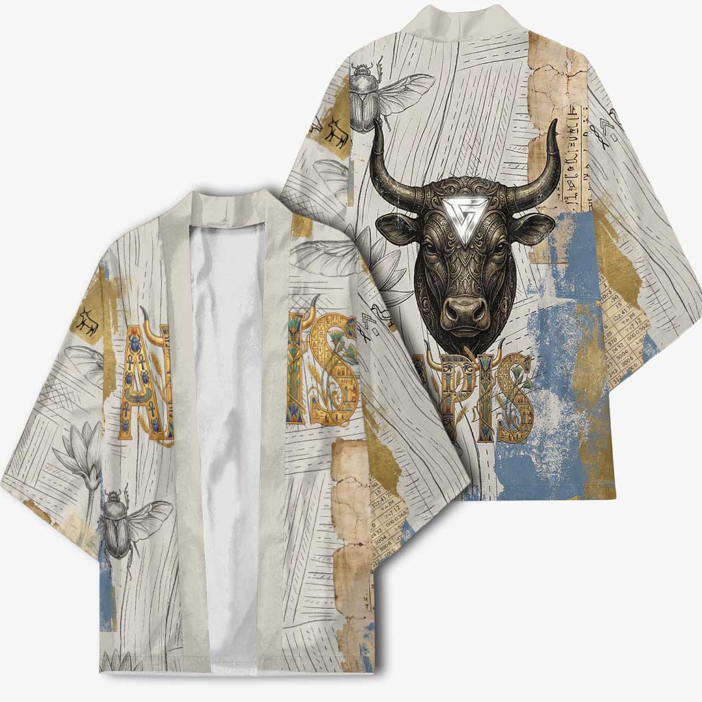 Apis Ancient Egyptian Kimono with Beige-Gray Hieroglyphic, Ornate Bull Head, and Gold-Blue Typography - Wonder Print Shop