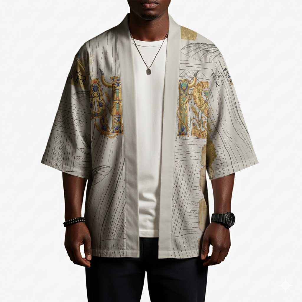 Apis Ancient Egyptian Kimono with Beige-Gray Hieroglyphic, Ornate Bull Head, and Gold-Blue Typography - Wonder Print Shop