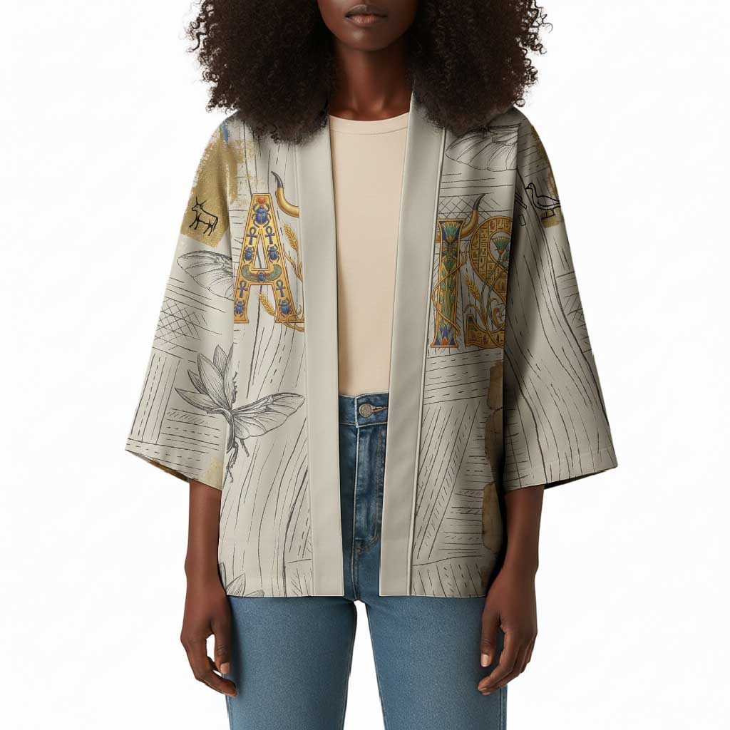 Apis Ancient Egyptian Kimono with Beige-Gray Hieroglyphic, Ornate Bull Head, and Gold-Blue Typography - Wonder Print Shop