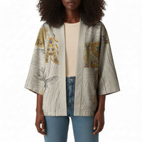 Apis Ancient Egyptian Kimono with Beige-Gray Hieroglyphic, Ornate Bull Head, and Gold-Blue Typography - Wonder Print Shop
