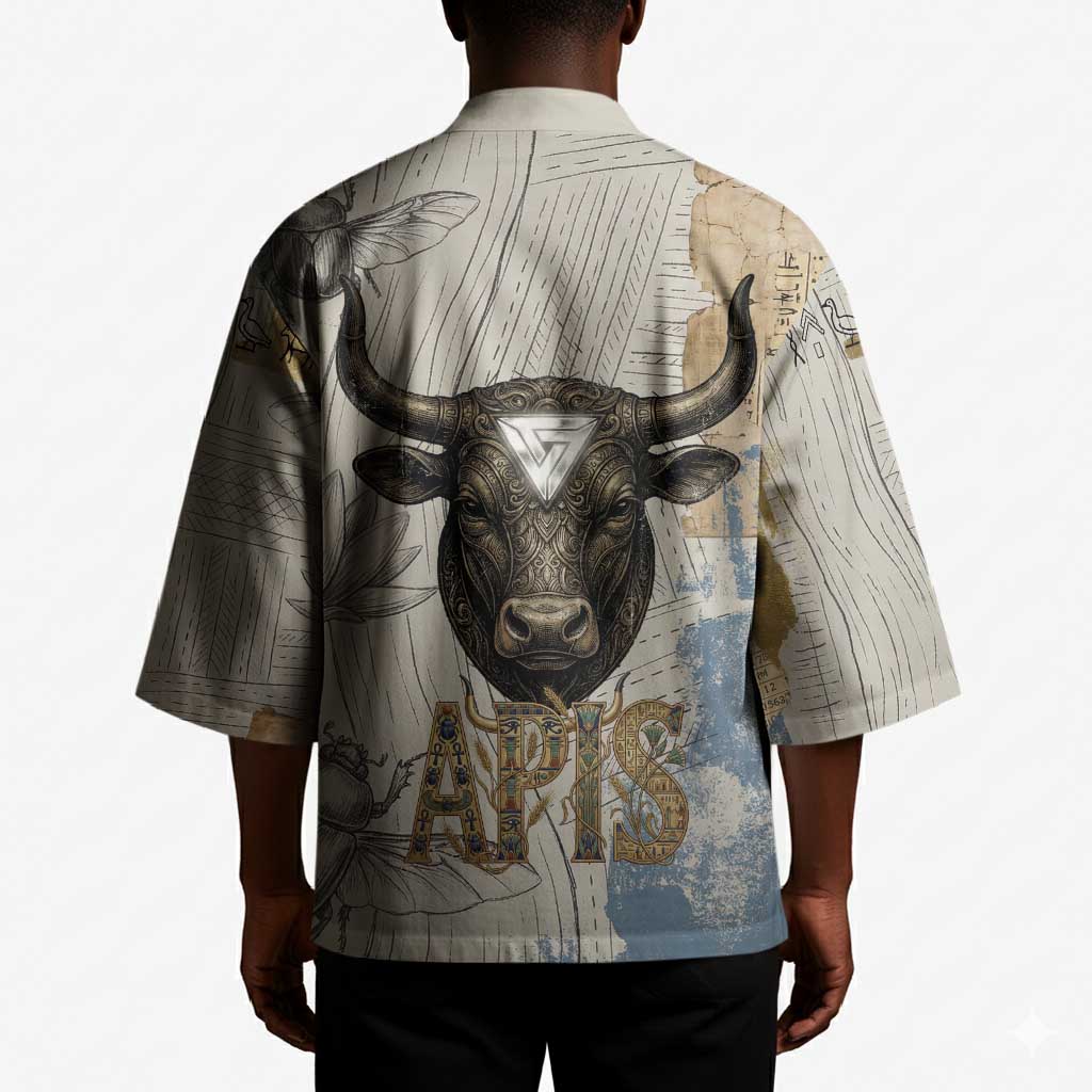 Apis Ancient Egyptian Kimono with Beige-Gray Hieroglyphic, Ornate Bull Head, and Gold-Blue Typography - Wonder Print Shop