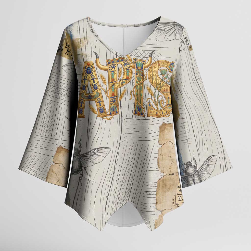 Apis Ancient Egyptian Kimono Sleeve Blouse with Beige-Gray Hieroglyphic, Ornate Bull Head, and Gold-Blue Typography - Wonder Print Shop
