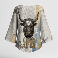 Apis Ancient Egyptian Kimono Sleeve Blouse with Beige-Gray Hieroglyphic, Ornate Bull Head, and Gold-Blue Typography - Wonder Print Shop