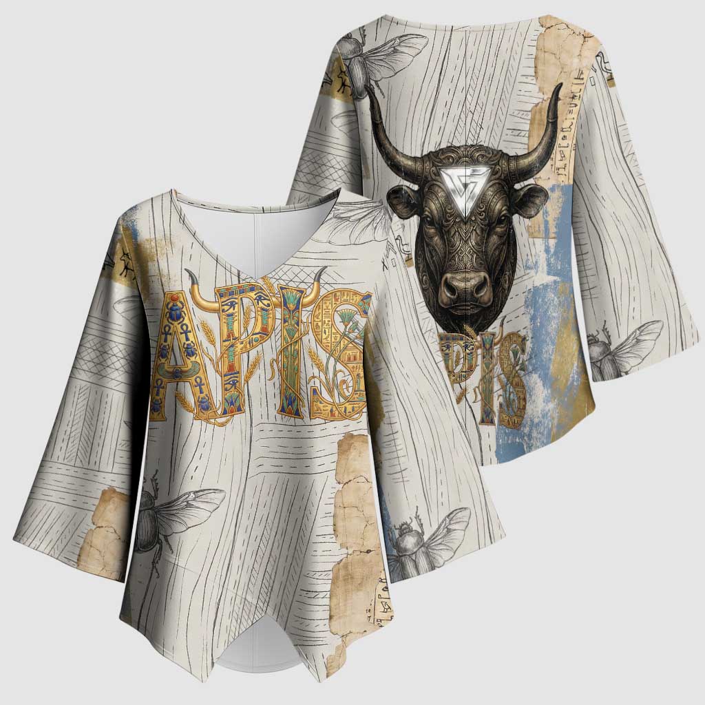 Apis Ancient Egyptian Kimono Sleeve Blouse with Beige-Gray Hieroglyphic, Ornate Bull Head, and Gold-Blue Typography - Wonder Print Shop