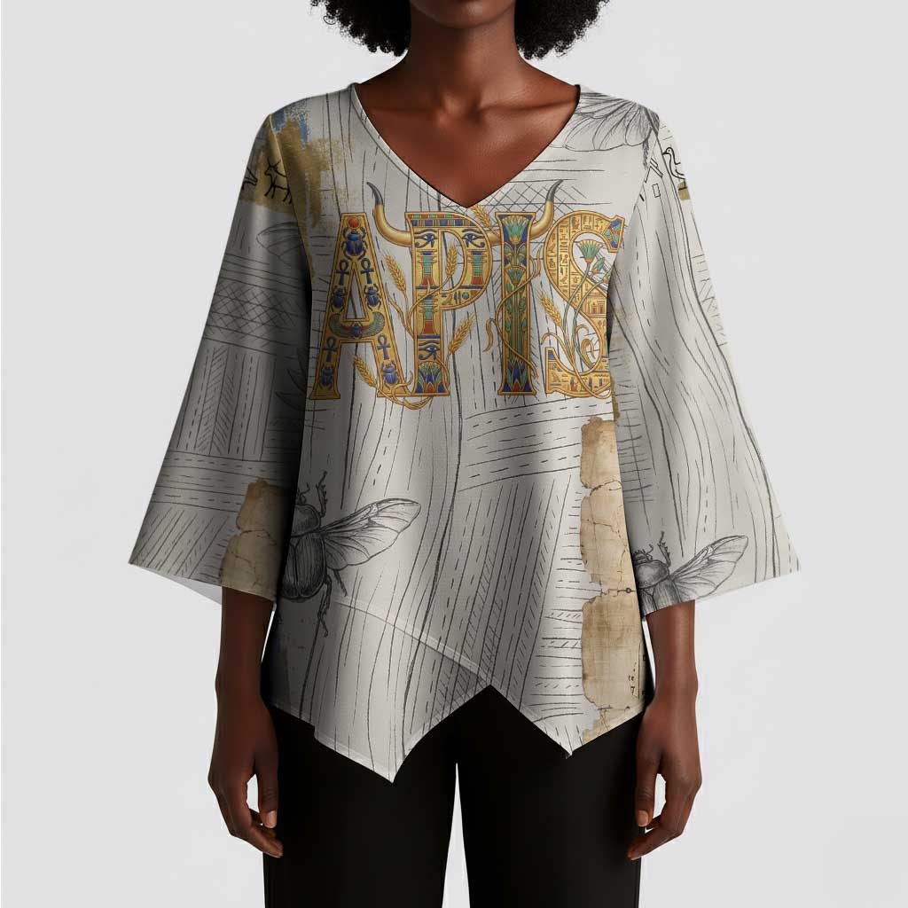 Apis Ancient Egyptian Kimono Sleeve Blouse with Beige-Gray Hieroglyphic, Ornate Bull Head, and Gold-Blue Typography - Wonder Print Shop