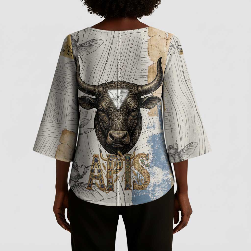 Apis Ancient Egyptian Kimono Sleeve Blouse with Beige-Gray Hieroglyphic, Ornate Bull Head, and Gold-Blue Typography - Wonder Print Shop