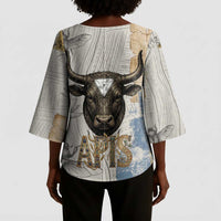 Apis Ancient Egyptian Kimono Sleeve Blouse with Beige-Gray Hieroglyphic, Ornate Bull Head, and Gold-Blue Typography - Wonder Print Shop