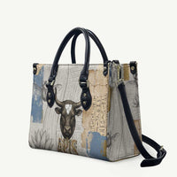 Apis Ancient Egyptian Leather Bag with Beige-Gray Hieroglyphic, Ornate Bull Head, and Gold-Blue Typography - Wonder Print Shop