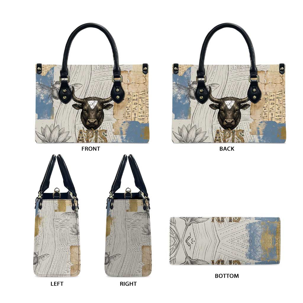 Apis Ancient Egyptian Leather Bag with Beige-Gray Hieroglyphic, Ornate Bull Head, and Gold-Blue Typography - Wonder Print Shop