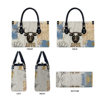 Apis Ancient Egyptian Leather Bag with Beige-Gray Hieroglyphic, Ornate Bull Head, and Gold-Blue Typography - Wonder Print Shop