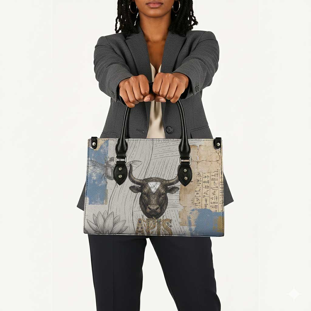 Apis Ancient Egyptian Leather Bag with Beige-Gray Hieroglyphic, Ornate Bull Head, and Gold-Blue Typography - Wonder Print Shop