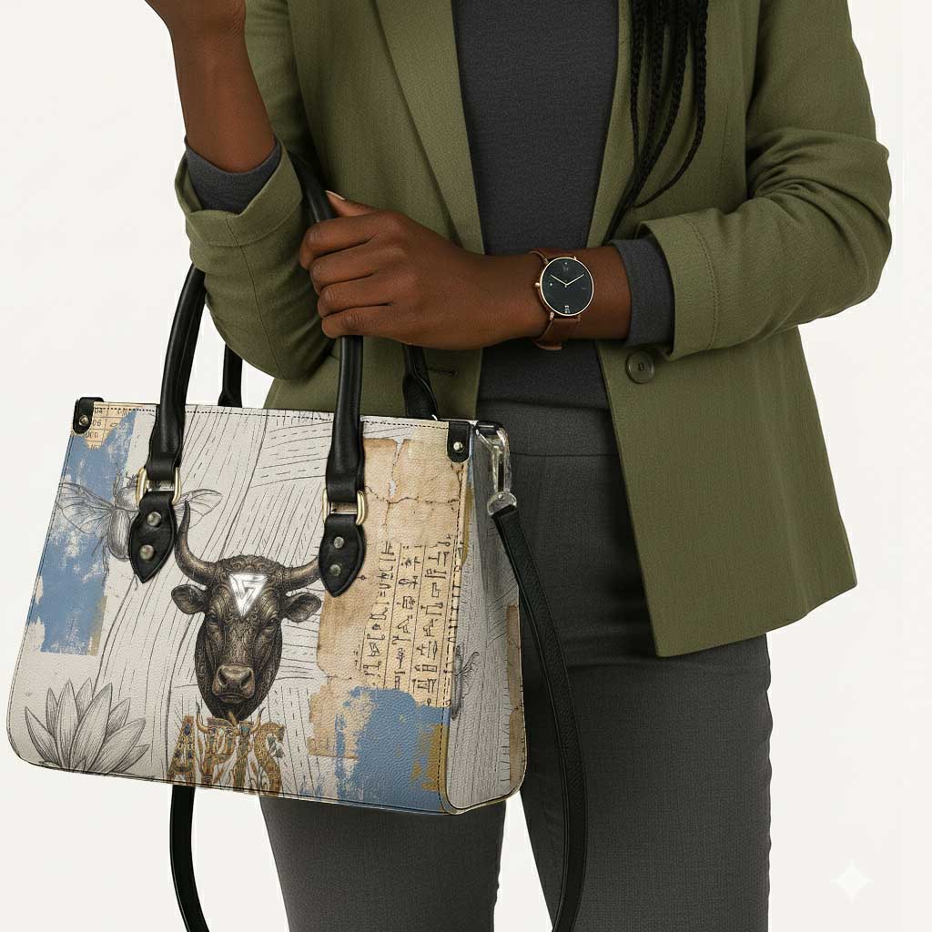 Apis Ancient Egyptian Leather Bag with Beige-Gray Hieroglyphic, Ornate Bull Head, and Gold-Blue Typography - Wonder Print Shop