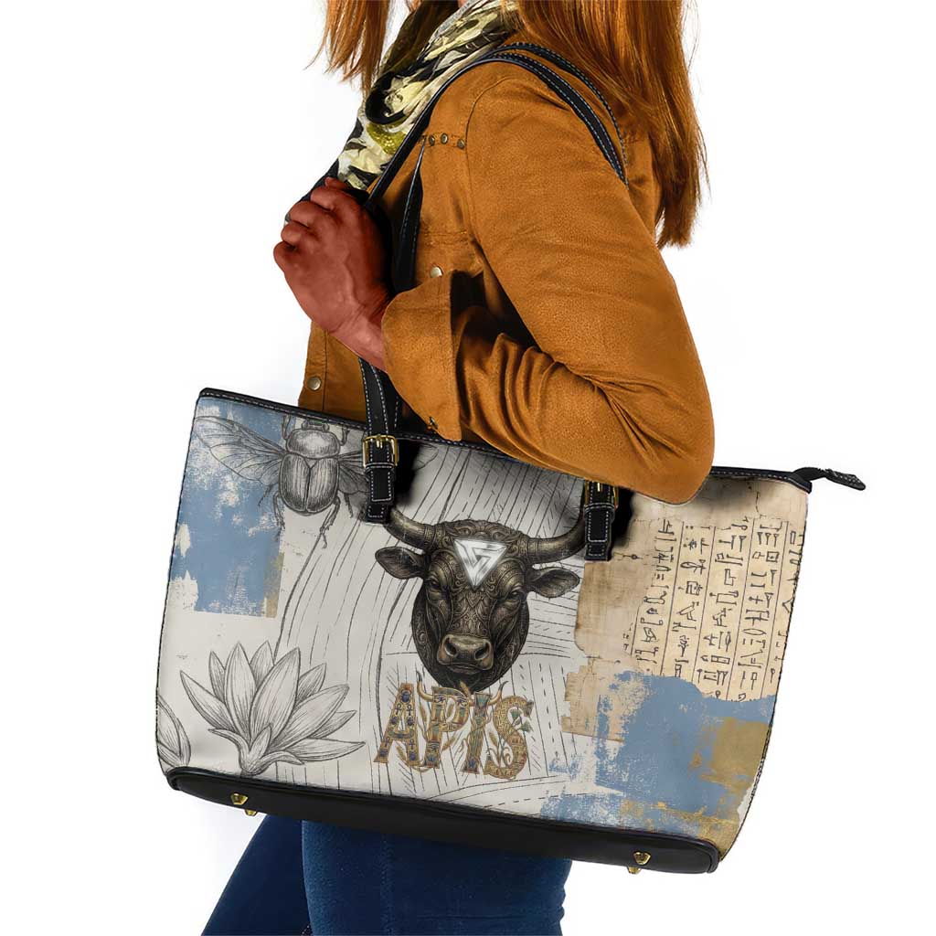 Apis Ancient Egyptian Leather Tote Bag with Beige-Gray Hieroglyphic, Ornate Bull Head, and Gold-Blue Typography - Wonder Print Shop
