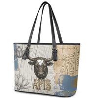 Apis Ancient Egyptian Leather Tote Bag with Beige-Gray Hieroglyphic, Ornate Bull Head, and Gold-Blue Typography - Wonder Print Shop