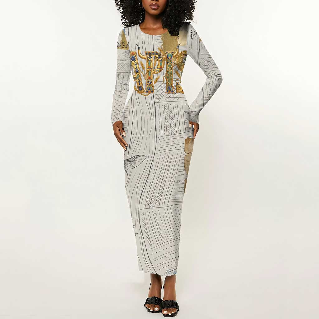 Apis Ancient Egyptian Long Sleeve Bodycon Dress with Beige-Gray Hieroglyphic, Ornate Bull Head, and Gold-Blue Typography - Wonder Print Shop