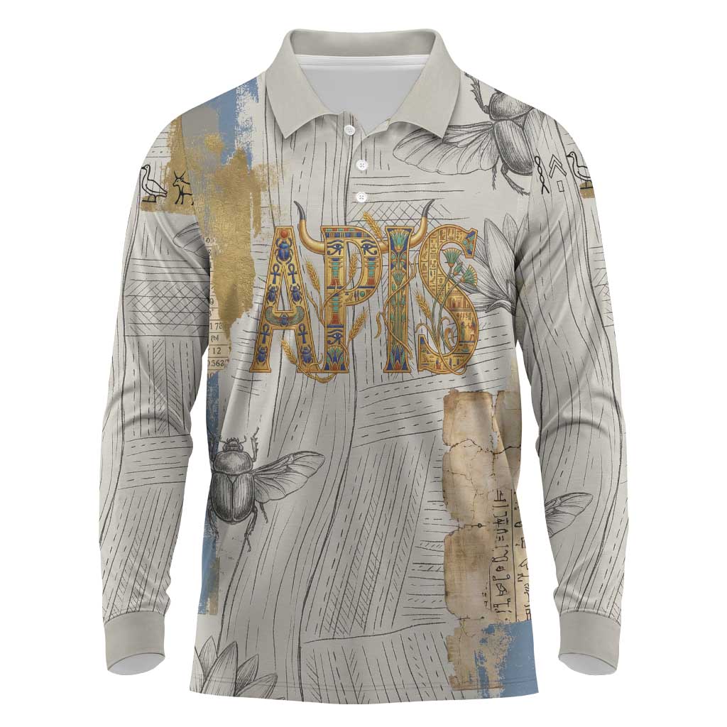 Apis Ancient Egyptian Long Sleeve Polo Shirt with Beige-Gray Hieroglyphic, Ornate Bull Head, and Gold-Blue Typography - Wonder Print Shop