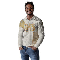 Apis Ancient Egyptian Long Sleeve Polo Shirt with Beige-Gray Hieroglyphic, Ornate Bull Head, and Gold-Blue Typography - Wonder Print Shop