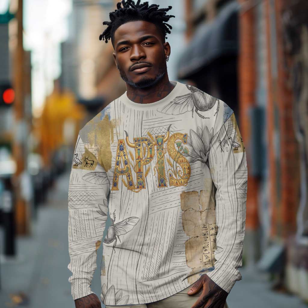 Apis Ancient Egyptian Long Sleeve Shirt with Beige-Gray Hieroglyphic, Ornate Bull Head, and Gold-Blue Typography - Wonder Print Shop