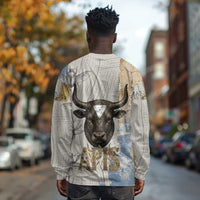 Apis Ancient Egyptian Long Sleeve Shirt with Beige-Gray Hieroglyphic, Ornate Bull Head, and Gold-Blue Typography - Wonder Print Shop