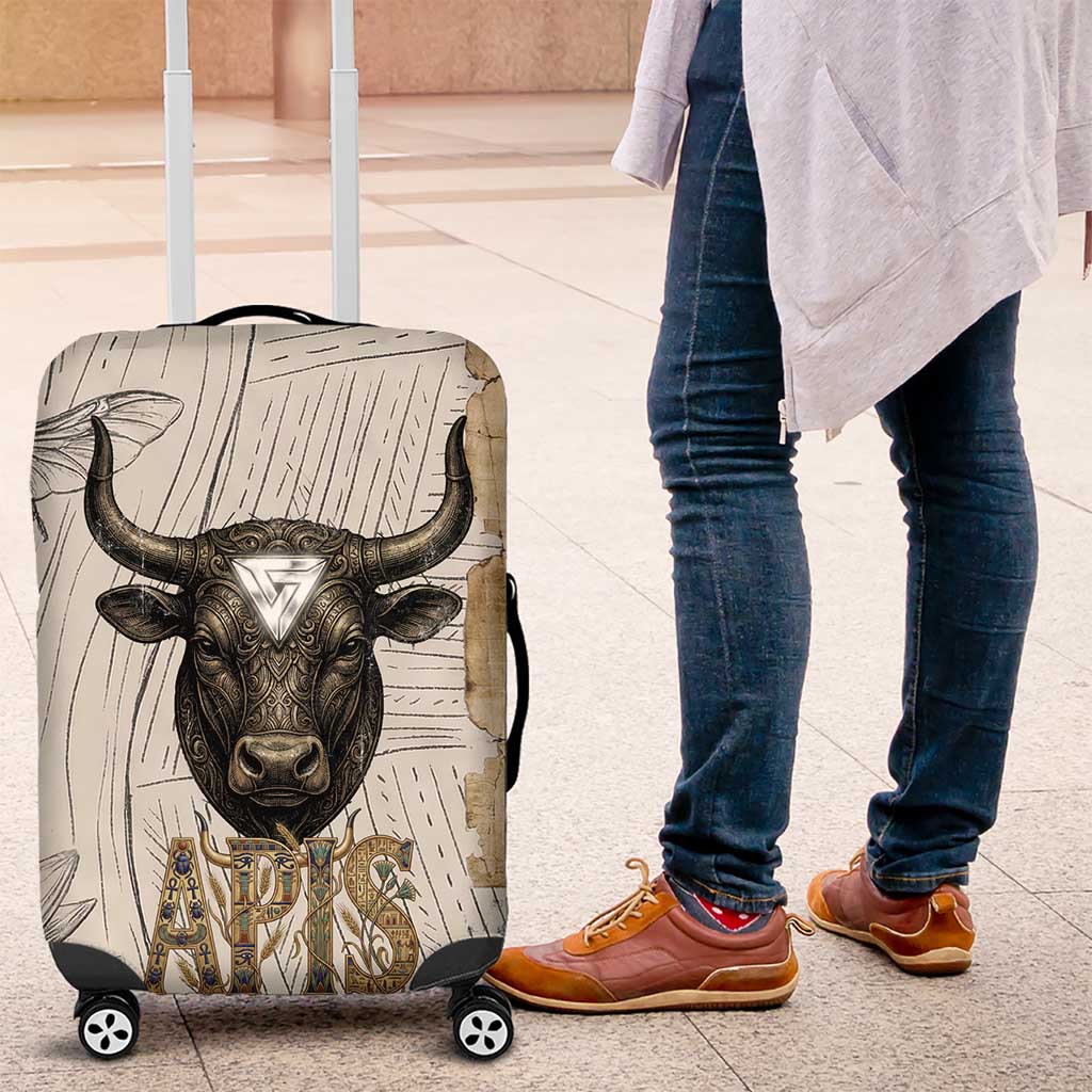 Apis Ancient Egyptian Luggage Cover with Beige-Gray Hieroglyphic, Ornate Bull Head, and Gold-Blue Typography - Wonder Print Shop