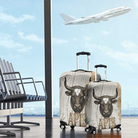 Apis Ancient Egyptian Luggage Cover with Beige-Gray Hieroglyphic, Ornate Bull Head, and Gold-Blue Typography - Wonder Print Shop