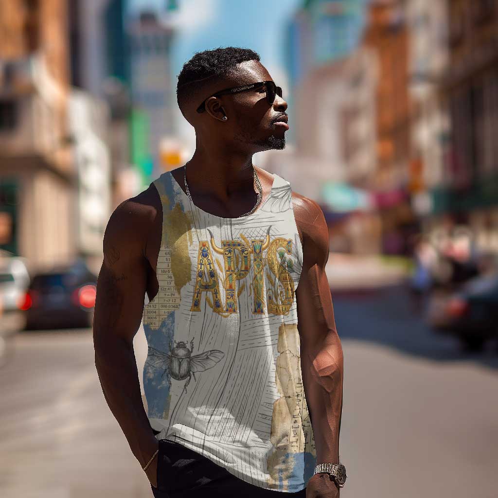 Apis Ancient Egyptian Men Tank Top with Beige-Gray Hieroglyphic, Ornate Bull Head, and Gold-Blue Typography - Wonder Print Shop