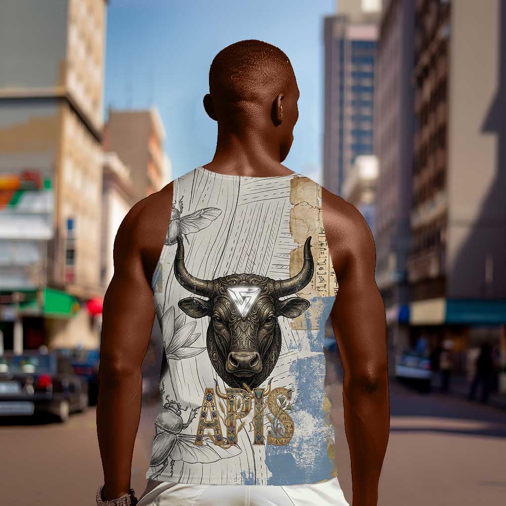 Apis Ancient Egyptian Men Tank Top with Beige-Gray Hieroglyphic, Ornate Bull Head, and Gold-Blue Typography - Wonder Print Shop