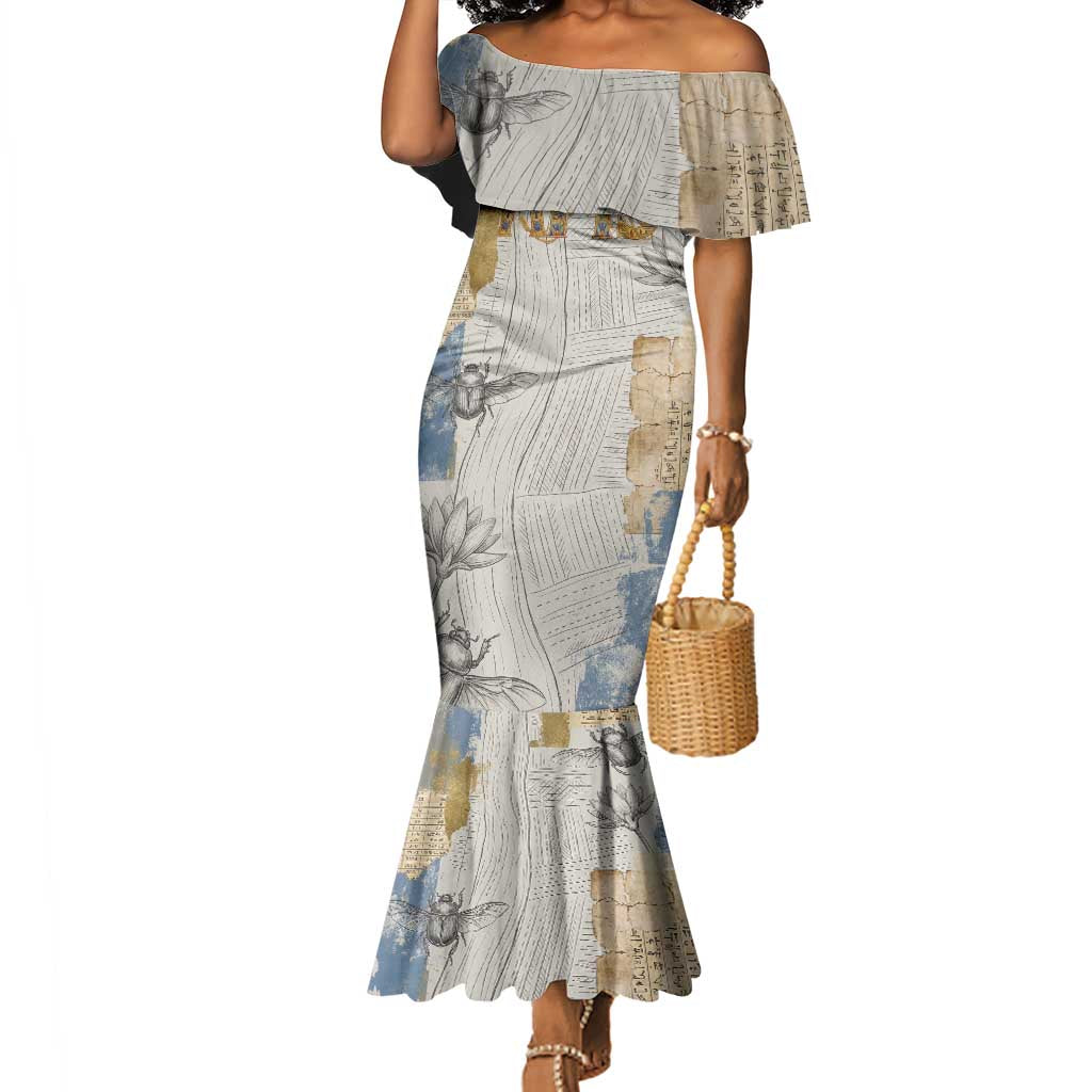 Apis Ancient Egyptian Mermaid Dress with Beige-Gray Hieroglyphic, Ornate Bull Head, and Gold-Blue Typography - Wonder Print Shop