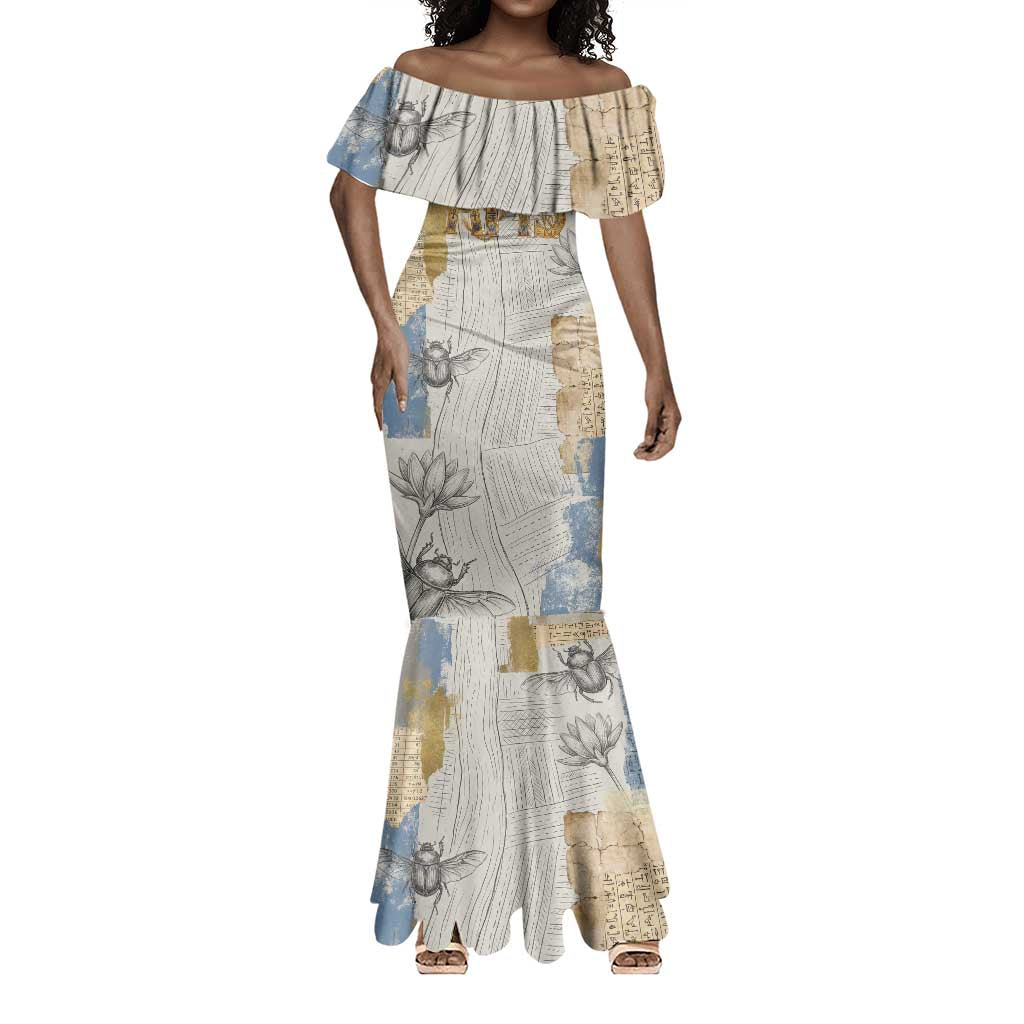 Apis Ancient Egyptian Mermaid Dress with Beige-Gray Hieroglyphic, Ornate Bull Head, and Gold-Blue Typography - Wonder Print Shop