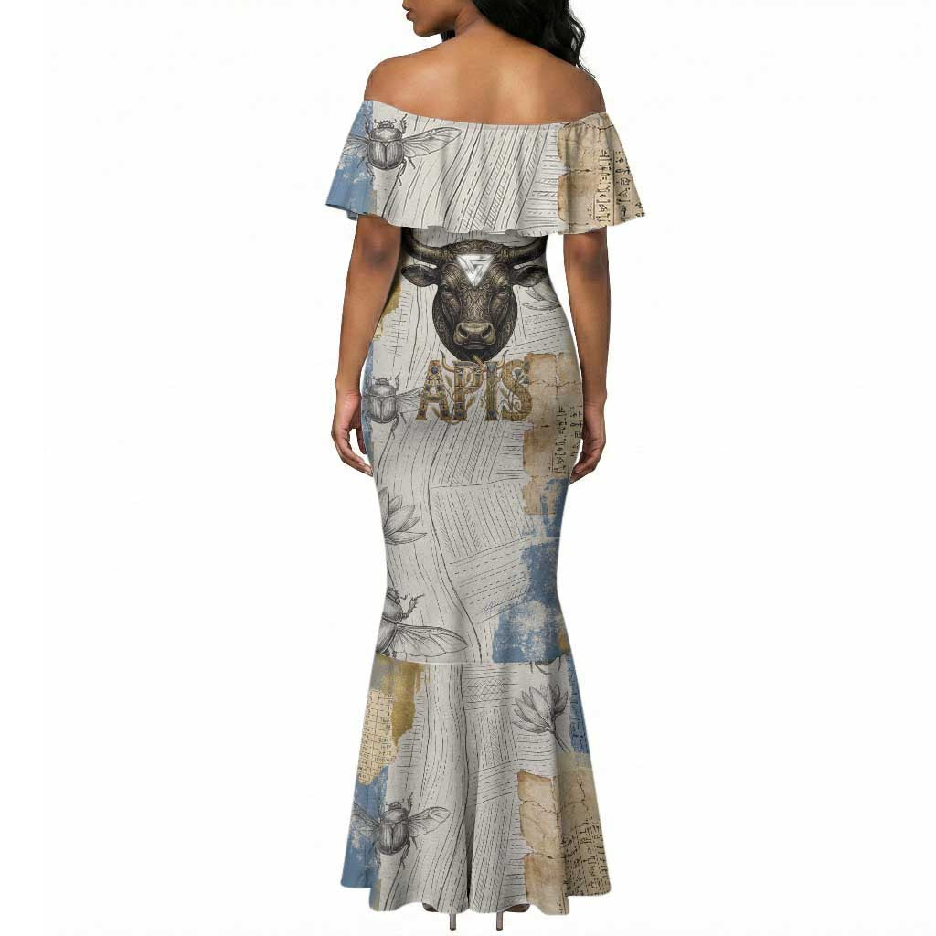 Apis Ancient Egyptian Mermaid Dress with Beige-Gray Hieroglyphic, Ornate Bull Head, and Gold-Blue Typography - Wonder Print Shop